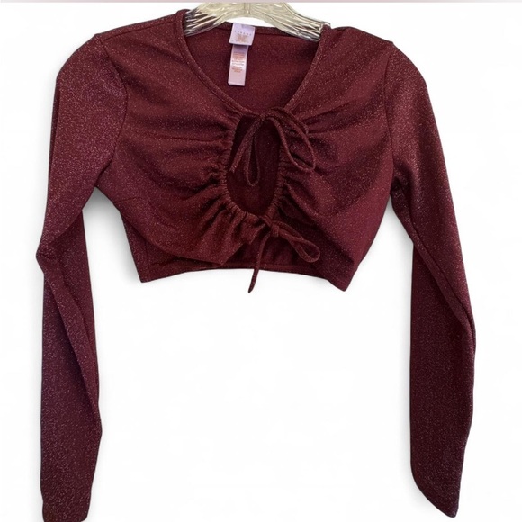 Savage X Fenty Sleep and Shine  Shimmering Burgundy Ruched Crop Top Long Sleeve - Picture 1 of 6